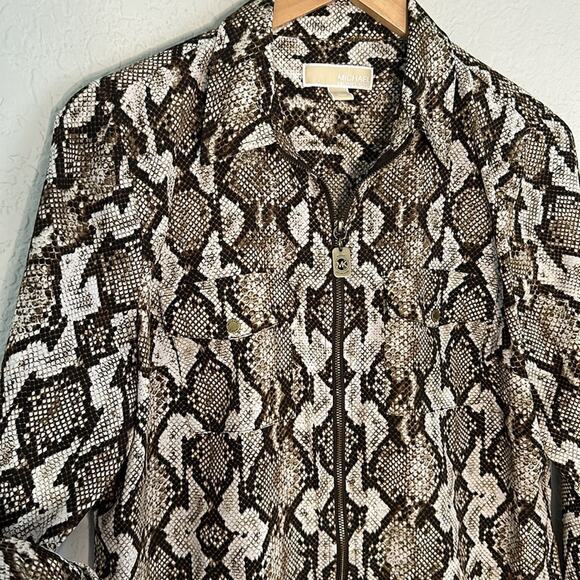NEW Michael Kors Snakeskin Brown Full Zip Shirt Pockets Logo Long Sleeve Mobwife - Picture 3 of 9